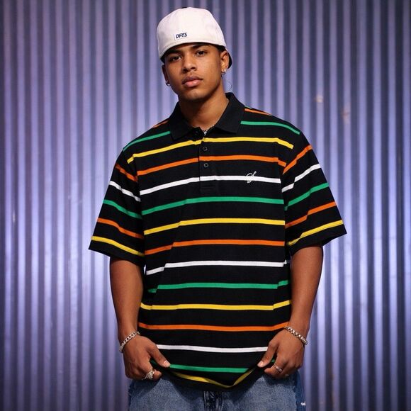 Southpole Polo Shirt Mens M Sriped Baggy Streetwear Hiphop Black S/S Y2K VTG - Picture 7 of 11